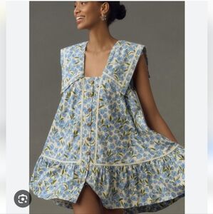 Maeve Collared Poplin Floral Print Swing Mini Dress Blue Motif Gold Tone  Xsp